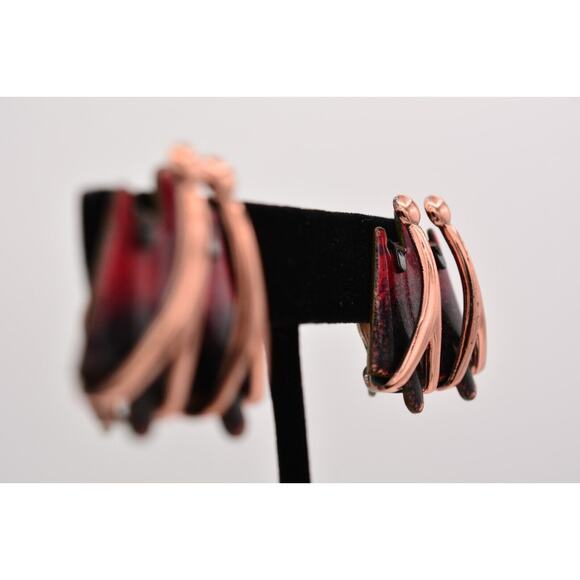 Matisse Renoir Vintage Copper Clip On Earrings Red Black Enamel Signed 60s BinZ - Picture 5 of 12